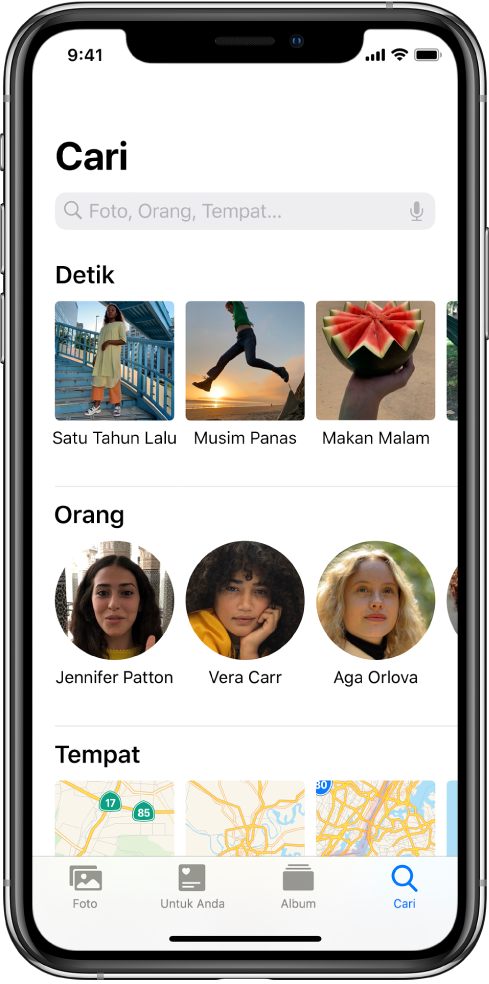 Tab Carian dipopulasikan dengan cadangan untuk Detik, Orang dan Tempat. Medan carian terletak di bahagian atas.