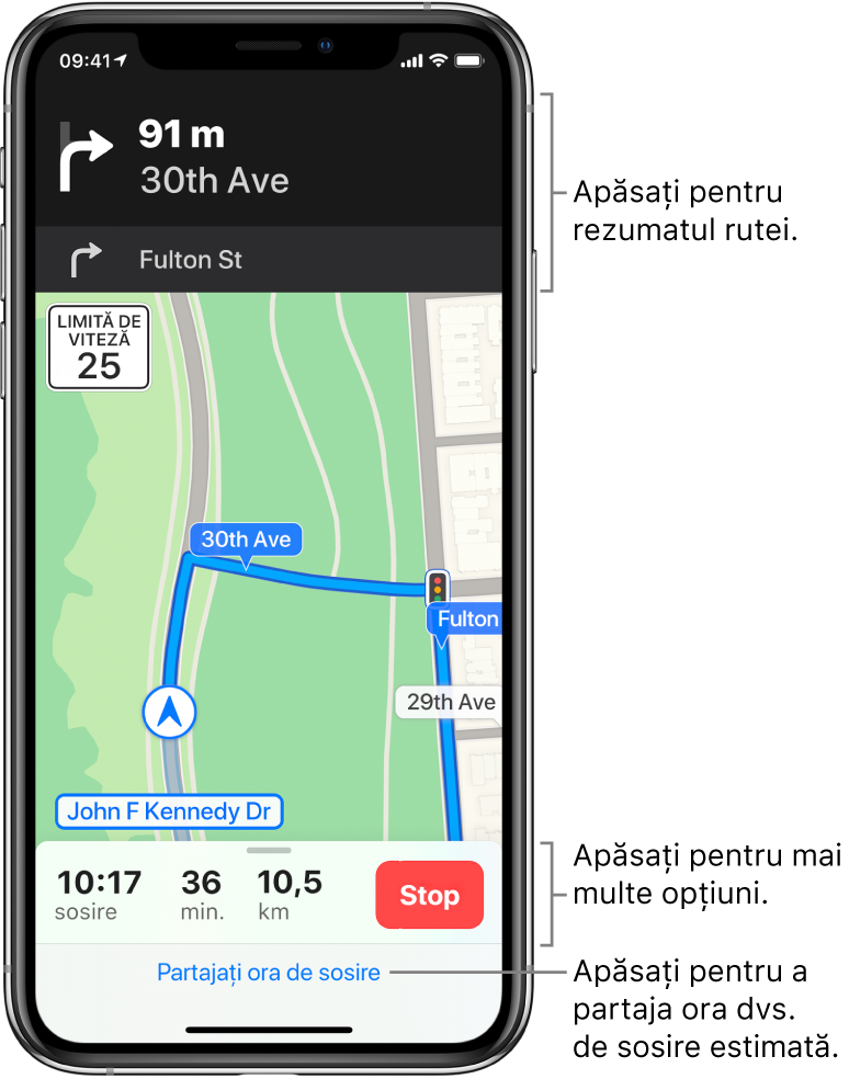 Hartă care prezintă o rută auto, inclusiv instrucțiunea de a face un viraj la dreapta peste 92 de metri. În apropierea părții de jos a hărții, apar ora sosirii, durata de deplasare și distanța totală în stânga butonului Stop. Partajare oră de sosire apare în partea de jos a ecranului.