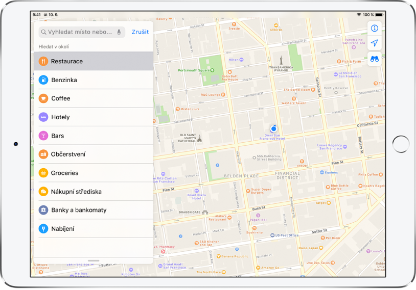 Mapa části sanfranciského centra. Na levé straně je uveden seznam s položkami Restaurace, Kavárny a Rychlé občerstvení; položka Restaurace je vybraná. Na mapě jsou oranžovými ikonami označená místa, kam se dá zajít na jídlo. Vpravo nahoře se zobrazují tlačítka informací, místa a trojrozměrného zobrazení.