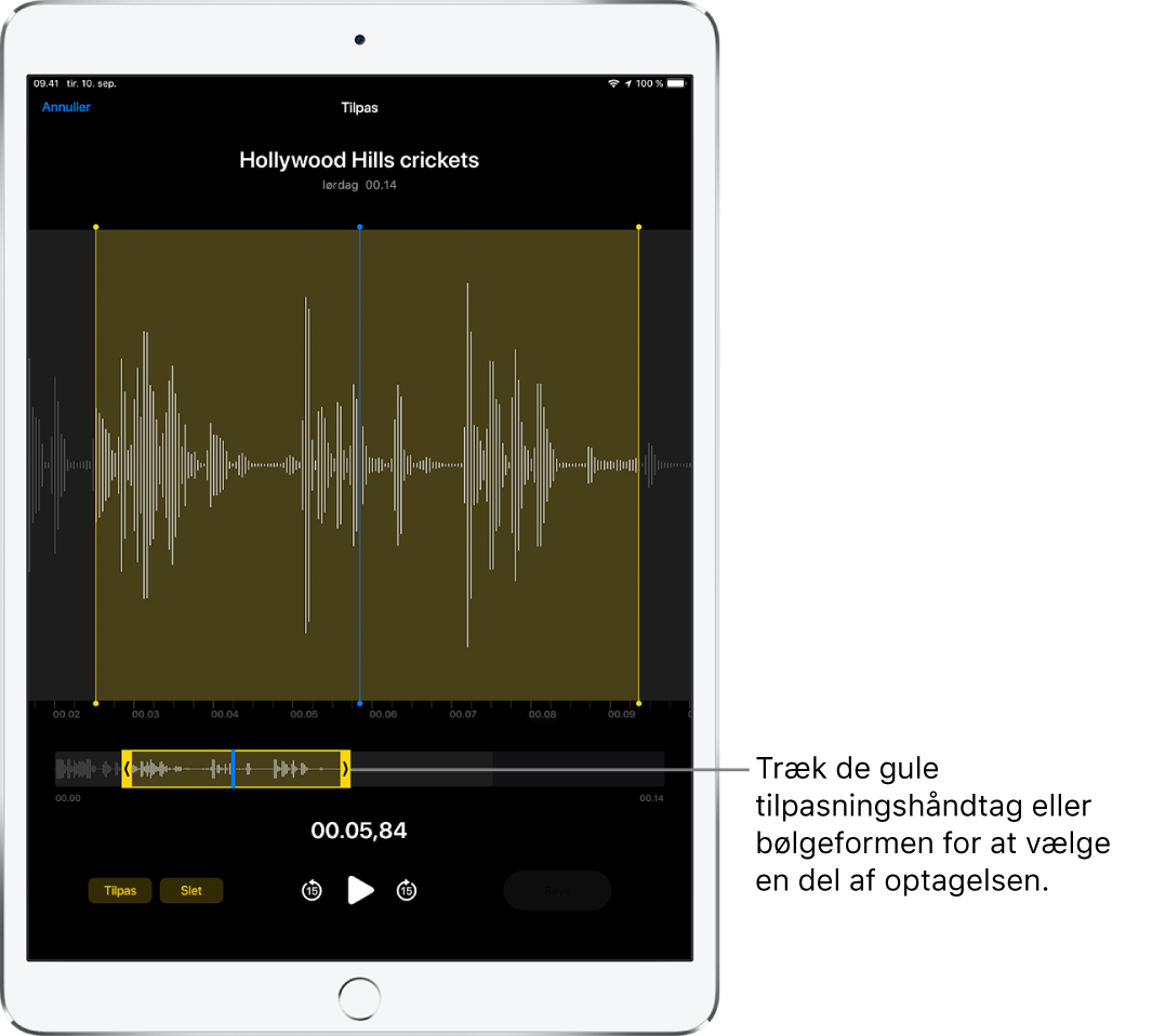 Optagelsen, der tilpasses, med de gule tilpasningshåndtag, som markerer et stykke af lydbølgeformen, nederst på skærmen. Knappen Afspil og en tidtagning til optagelsen vises under bølgeformen og tilpasningshåndtagene.