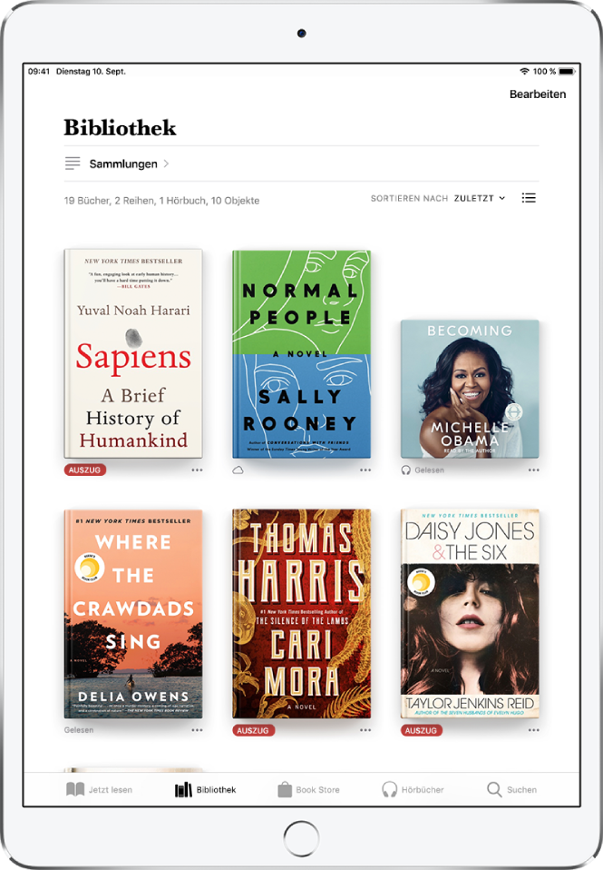 Der Bildschirm „Bibliothek“ in der App „Bücher“. Oben auf dem Bildschirm befinden sich die Taste „Sammlungen“ und die Sortieroptionen. Die Sortieroption „Zuletzt“ ist ausgewählt. In der Mitte des Bildschirms werden die Cover der Bücher in der Bibliothek angezeigt. Unten auf dem Bildschirm sind von links nach rechts die Tabs „Jetzt lesen“, „Bibliothek“, „Book Store“, „Hörbücher“ und „Suchen“ zu sehen.