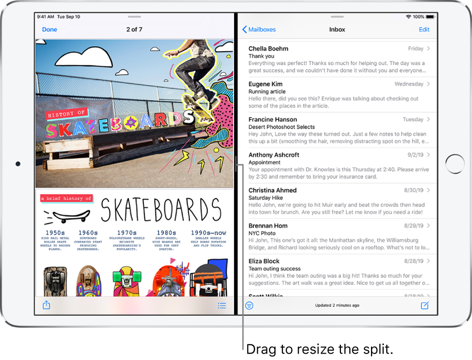 A graphics app is open on the left side of the screen, and Mail is open in the right side. A callout for the dark line between them reads “Drag to resize the split.”