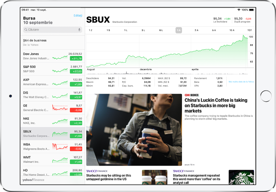 Ecranul Bursa în orientarea peisaj. Câmpul de căutare este în colțul din stânga sus. Sub câmpul de căutare se află lista de supraveghere. Este selectată o acțiune din lista de supraveghere. În mijlocul ecranului, o diagramă afișează performanța acțiunii selectate de-a lungul unui an. Deasupra diagramei se află butoanele pentru afișarea performanței acțiunii într-o zi, o săptămână, o lună, trei luni, șase luni, un an, doi ani, cinci ani sau zece ani. Sub diagramă sunt detaliile despre acțiunea bursieră, cum ar fi prețul la deschidere, maximul, minimul și capitalizarea bursieră. Sub detaliile diagramei se află articolele Apple News legate de acțiunea bursieră.