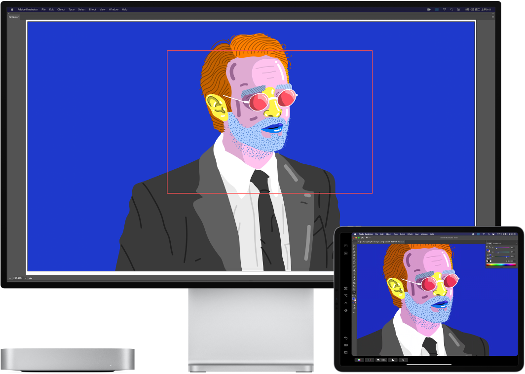 Mac mini 和 iPad 並排放置。Mac mini 在 Illustrator 的導覽器視窗中顯示藝術作品。iPad 在 Illustrator 的文件視窗中顯示相同的藝術作品，周圍是工具列。