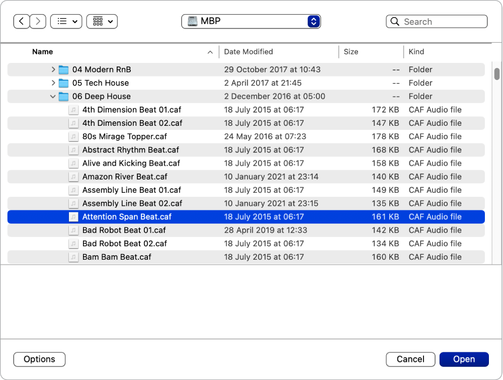 Abbildung. Sampler-Fenster „File Selector“ mit einer ausgewählten Audiodatei, Markierungsfeldern für Optionen und der Taste „Wiedergabe“.