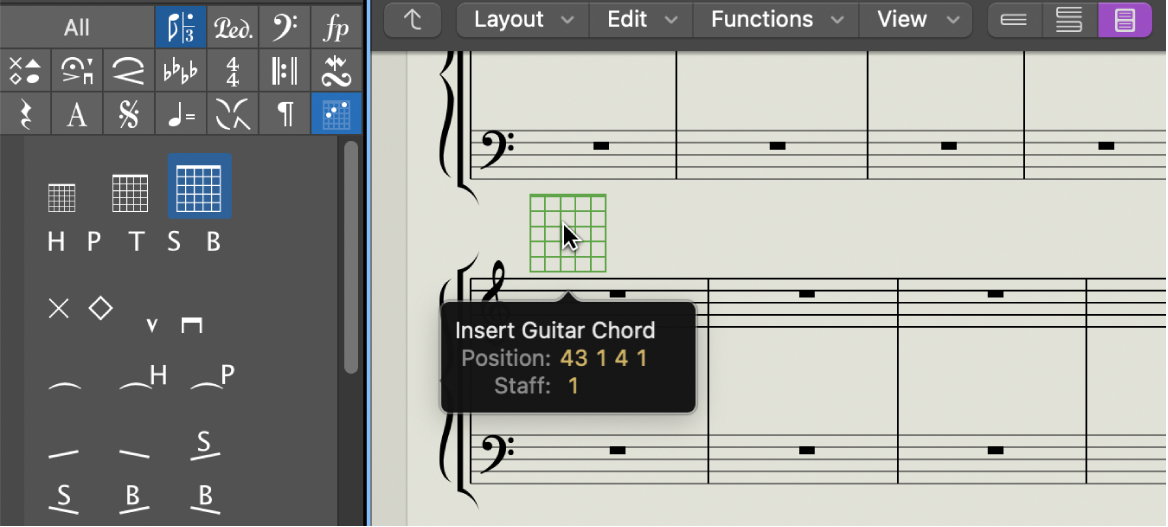 Abbildung. Bewegen eines Akkorddiagrammsymbols im Notationseditor