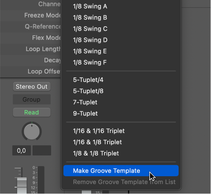 Abbildung. Im Einblendmenü „Quantisierung“ ausgewählter Befehl „Groove-Template erzeugen“