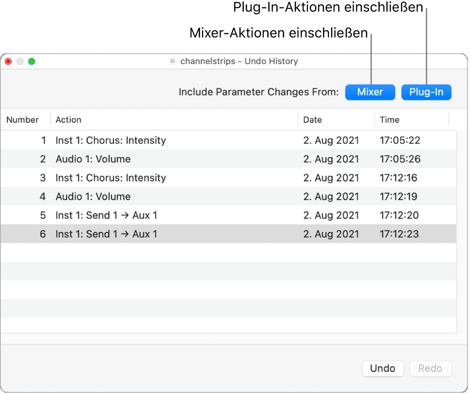 Abbildung. Undo-Verlauf mit aktivierten Tasten zum Einschließen von Mixer- und Plug-in-Aktionen