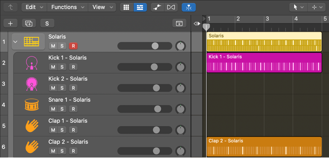 Drum Machine Designer-Spurstapel jetzt getrennt, mit Pattern-Regionen auf Unterspuren