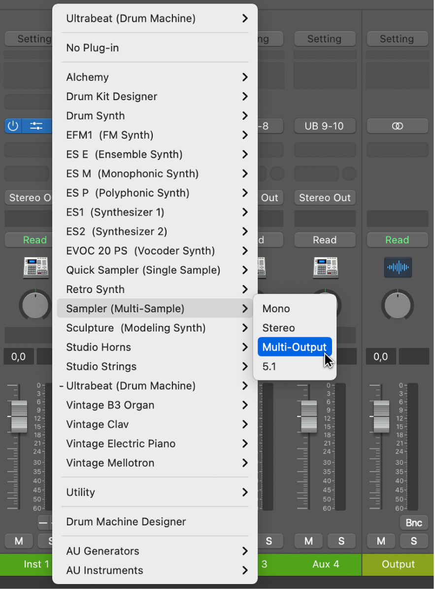 Abbildung. Einblendmenü für den Instrument-Slot mit Option „Sampler Multi-Ausgang“