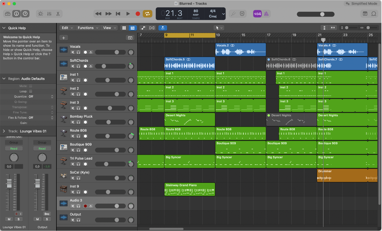 Abbildung. Der Bereich „Spuren“ mit den Audio-, Software-Instrument- und Drummer-Regionen