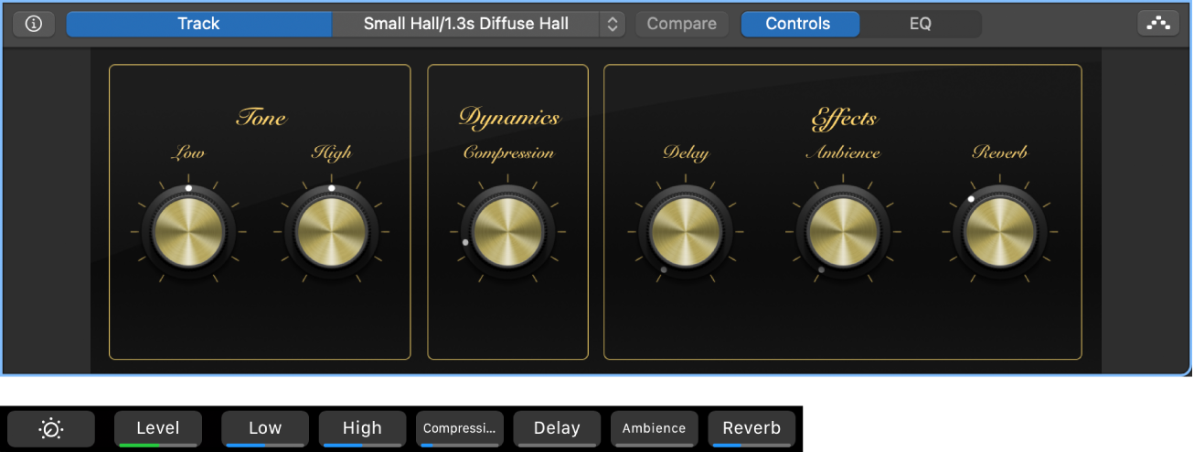 Abbildung. Smart Controls für Spur mit Software-Instrument und dynamische Kurzbefehle für Smart Controls