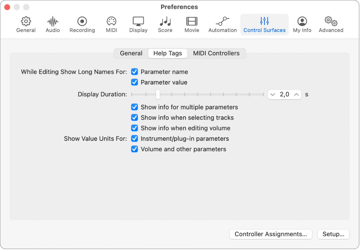 Figure. Help Tag preferences of Logic Pro.