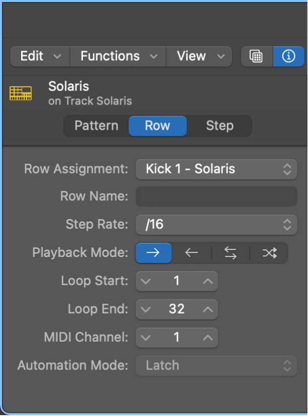 Step Sequencer Local inspector showing row settings.