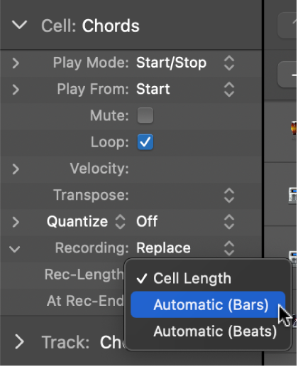 Figure. Rec-Length settings pop-up menu in the Cell inspector.