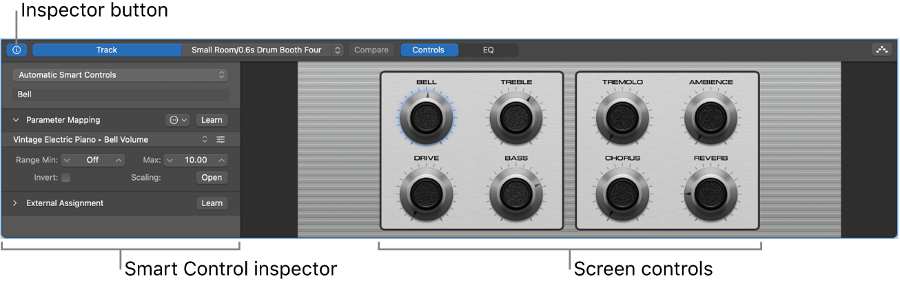 Figure. Smart Controls pane showing screen controls and inspector.