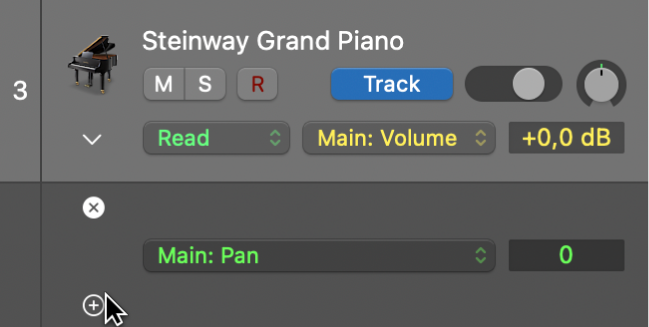 Figure. Pointing to the Plus button on an automation subtrack.