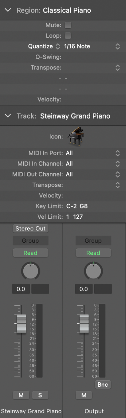 Figure. The inspector, showing the Quick Help area, the Region inspector, Track inspector, and Inspector channel strips.