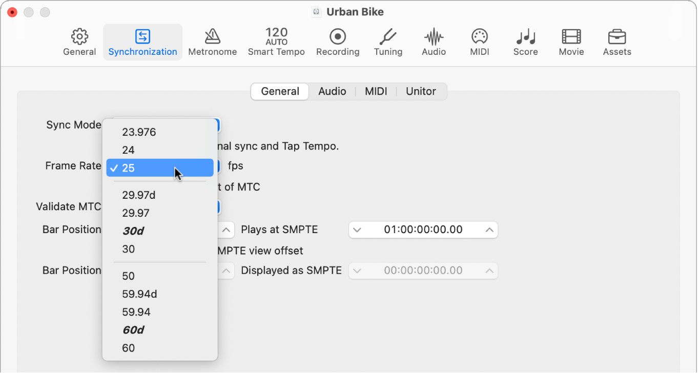 Figure. Synchronization project settings showing Frame Rate pop-up menu.