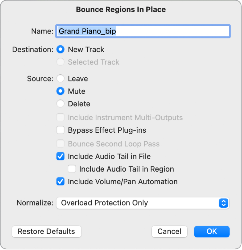 Figure. Bounce Regions in Place dialog.