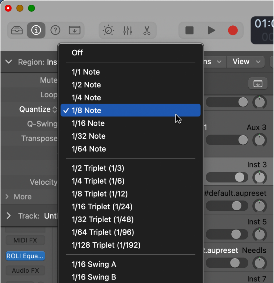 Figure. The Quantize pop-up menu in the Region inspector.