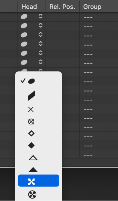 Figure. Head pop-up menu in the Mapped Instrument window.