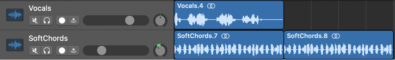 Figure. Audio tracks and audio regions in the Tracks area.