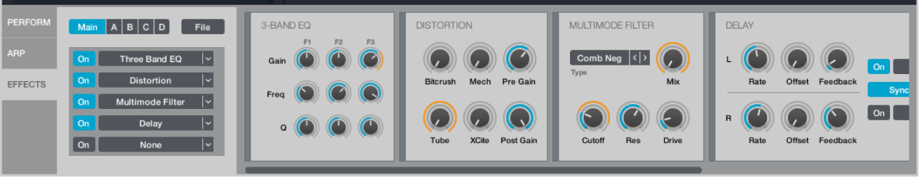 Figure. Effects section, showing effects racks and effects control panels.