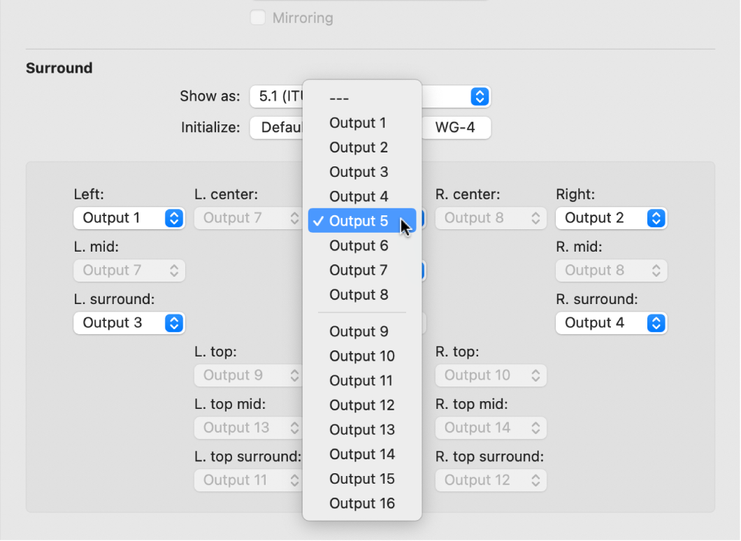 Figure. Output pop-up menu in Surround preferences.