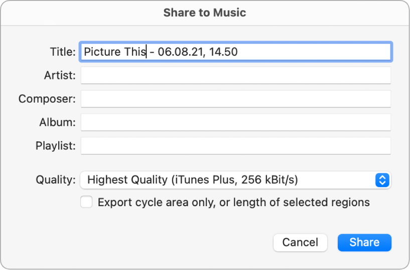 Figure. Share to Music dialog.