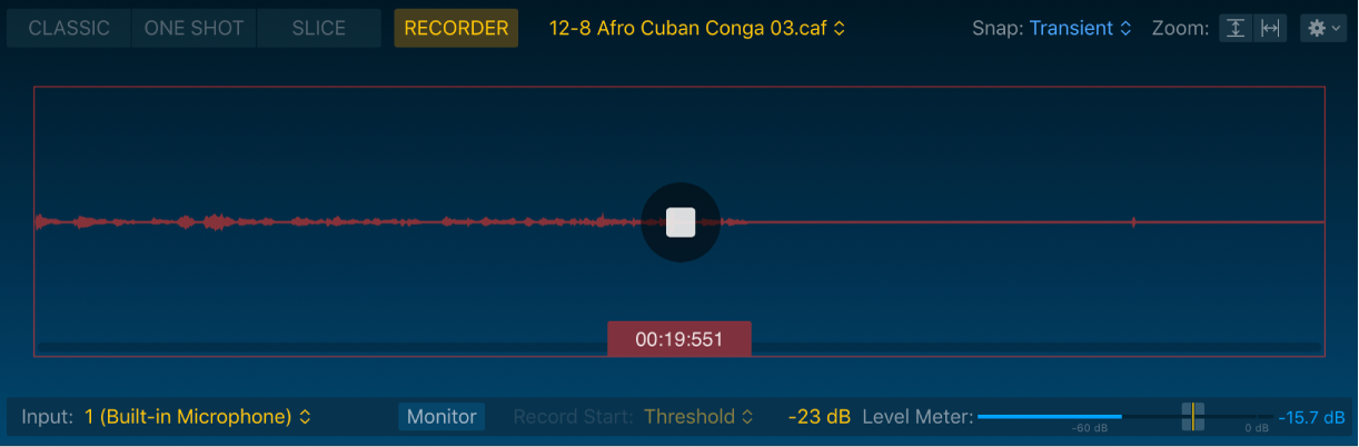 Figure. Quick Sampler Recorder mode waveform display, showing all related parameters.