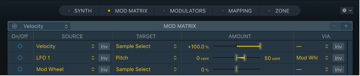 Figure. Mod Matrix pane, showing modulation Targets, Via sources, modulation Sources, and modulation Intensity sliders.