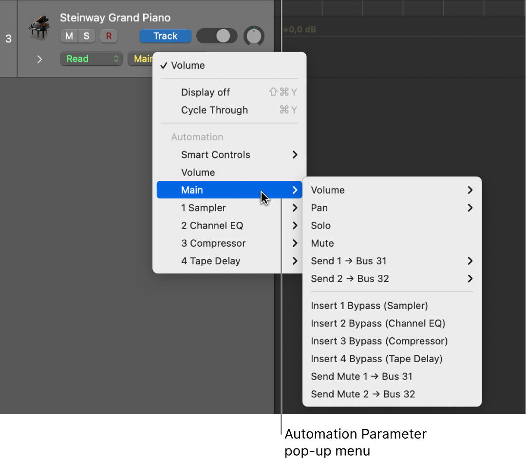 Figure. Showing the Automation Parameter pop-up menu open.