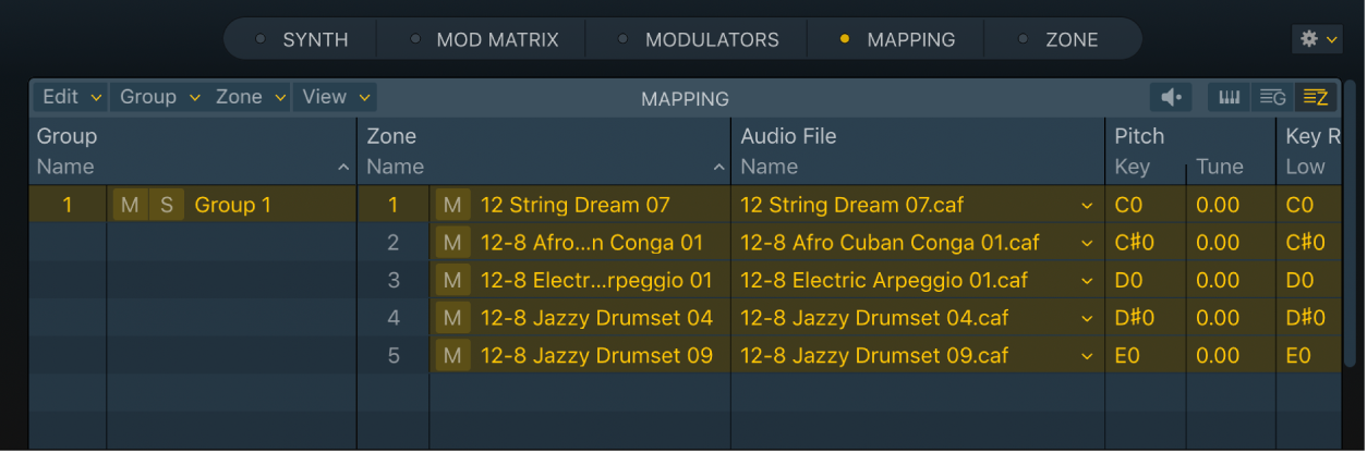 Figure. Sampler Zone view, showing a group that contains multiple audio files, or zones.