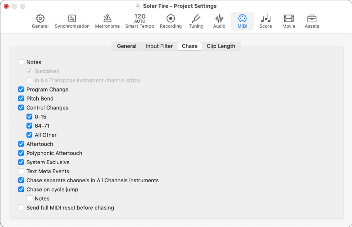 Figure. Chase pane in the MIDI project settings.