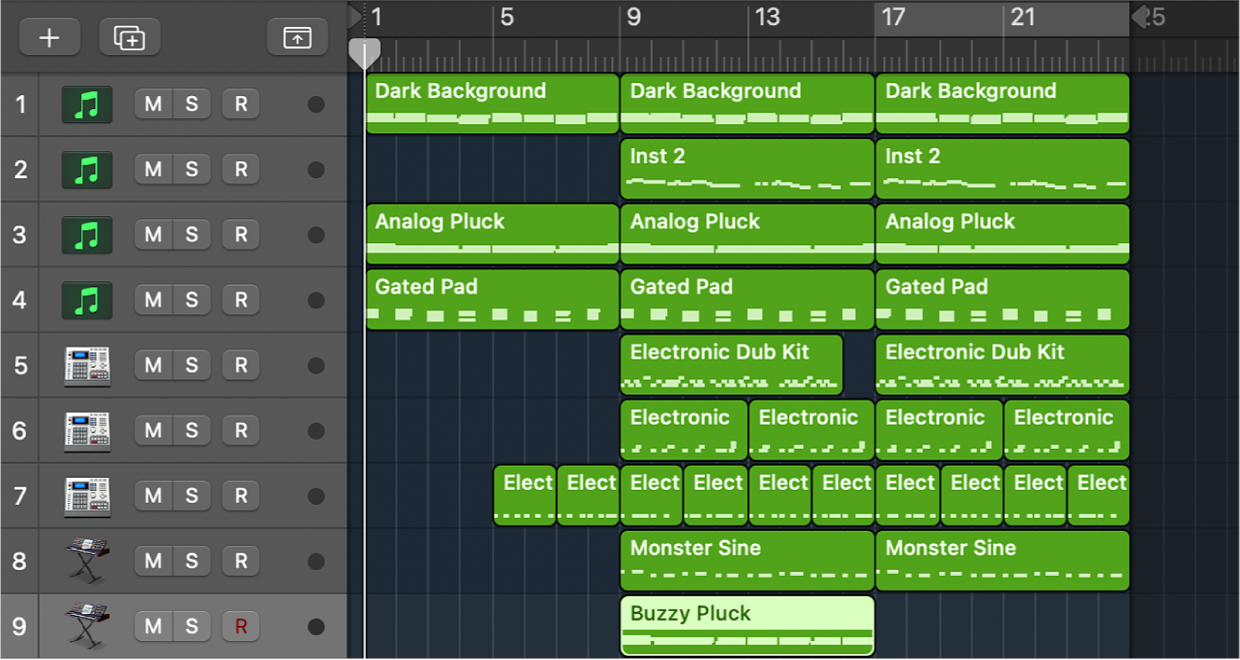 Figure. Regions dragged inside a folder track.