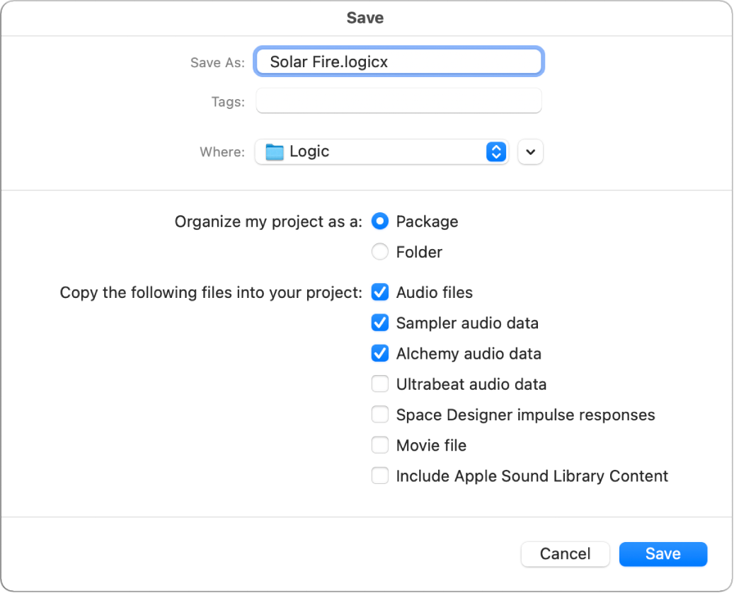 Figure. Checkboxes at the bottom of the Save As dialog, for selecting different assets to save in the project.