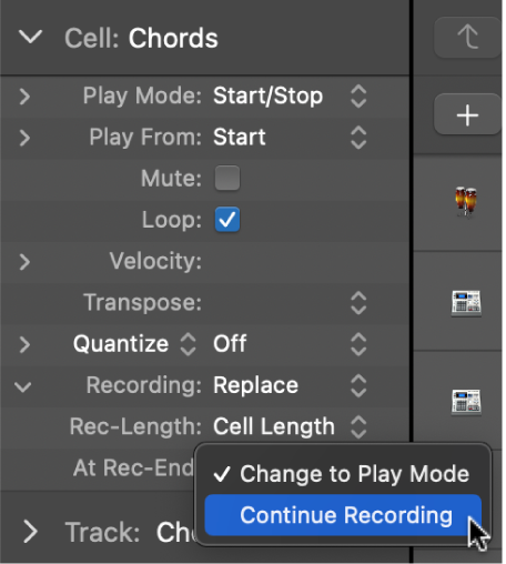 Figure. At Rec-End settings pop-up menu in the Cell inspector.