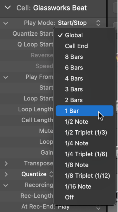 Figure. The Quantize Start pop-up menu in the Cell inspector.