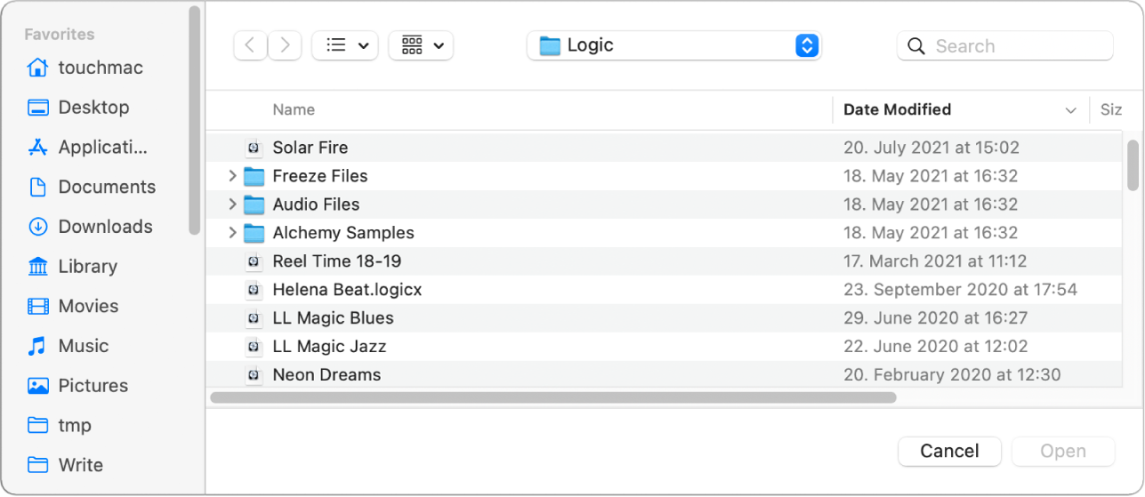 Figure. Open dialog, showing browsing to a project.