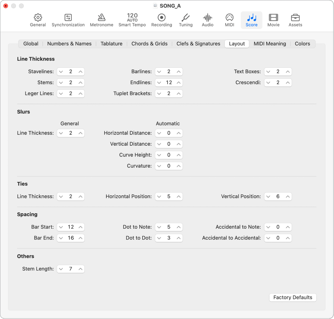 Figure. Score Layout settings.