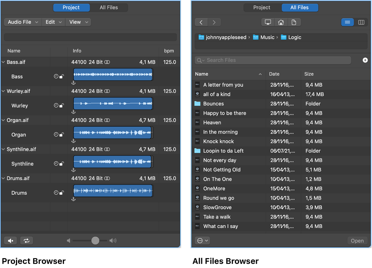 Figure. Project Audio Browser and All Files Browser.