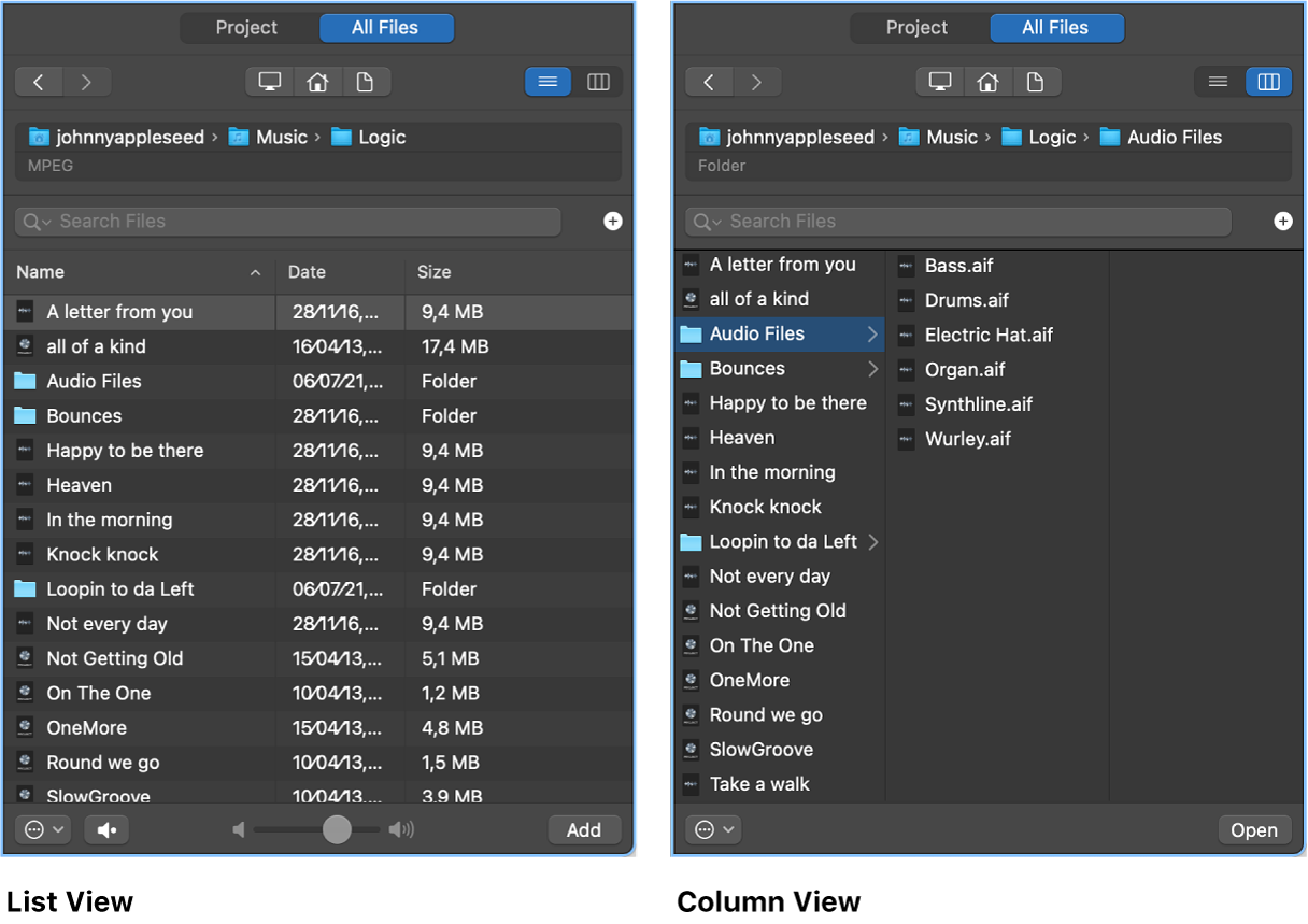 Figure. List view and Column view in the All Files Browser.