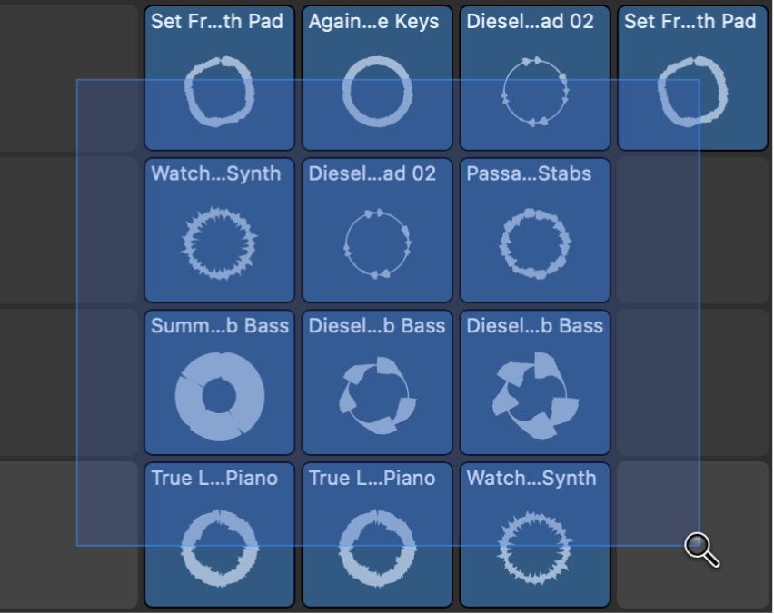 Figure. Live Loops grid showing a cell selection with the Zoom tool.