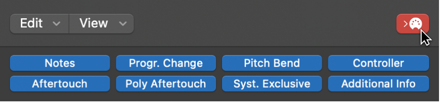 Figure. Turning on the MIDI In button in the SysEx Fader Editor window.