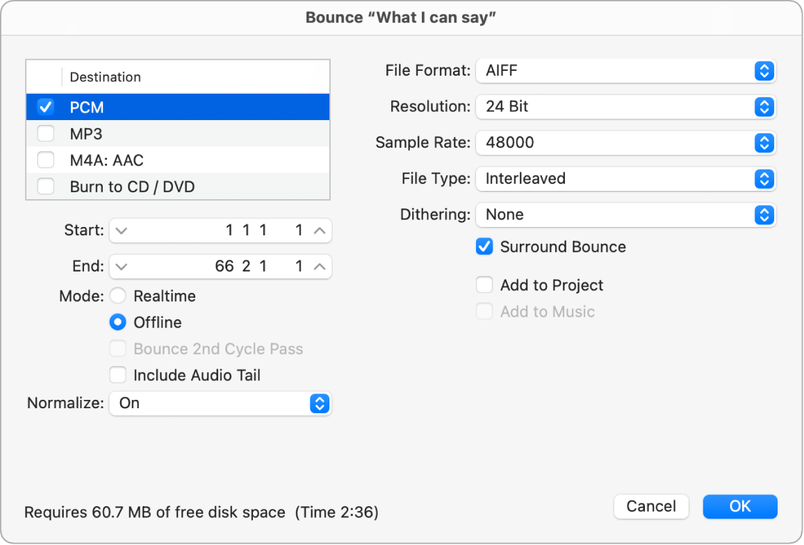 Figure. PCM options in the Bounce window.