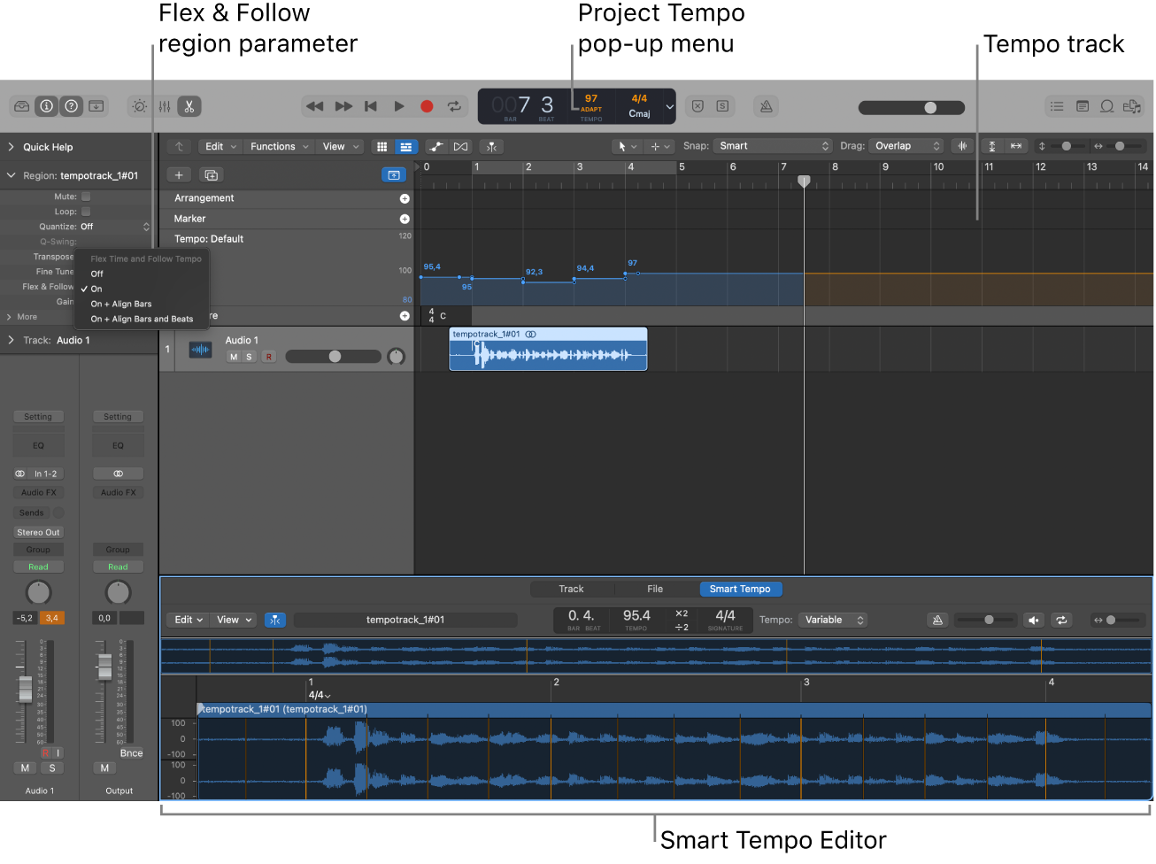 Figure. Project showing recording, Adapt mode chosen, tempo changes in the Tempo track, and the Smart Tempo Editor open.