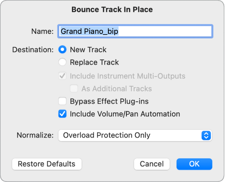 Figure. Bounce Track in Place dialog.