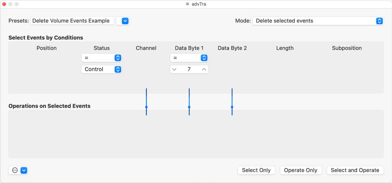 Figure. Transform window showing settings to delete volume events from a MIDI region.