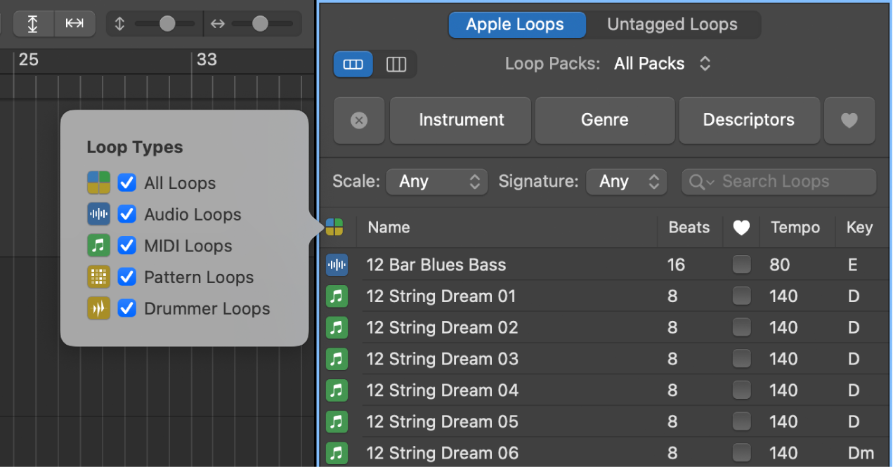 Loop Browser showing Loop Types button and choices.